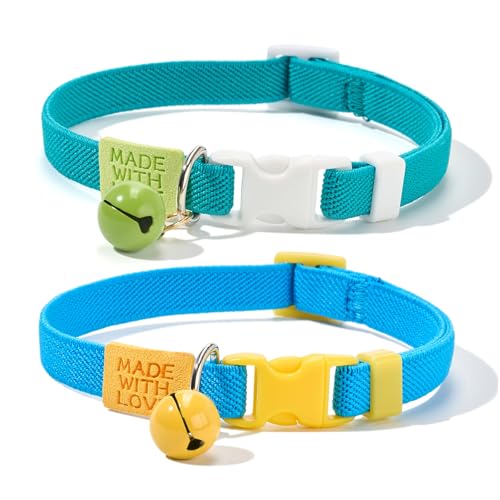 Petiry Elastische Katzenhalsbänder mit Glöckchen, nicht abreißbar, Schnellverschluss-Schnallen-Design, buntes Blau und Blaugrün, für Kätzchen, Katzen, 2 Stück von Petiry