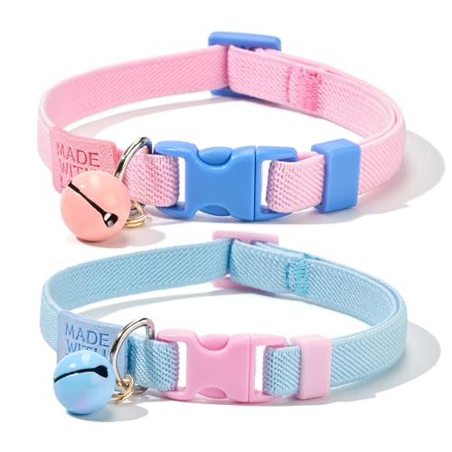 Petiry Elastisches Katzenhalsband, bruchsicher und schnell lösbar, mit Glöckchen, Pastellrosa und Blau, 2 Stück von Petiry