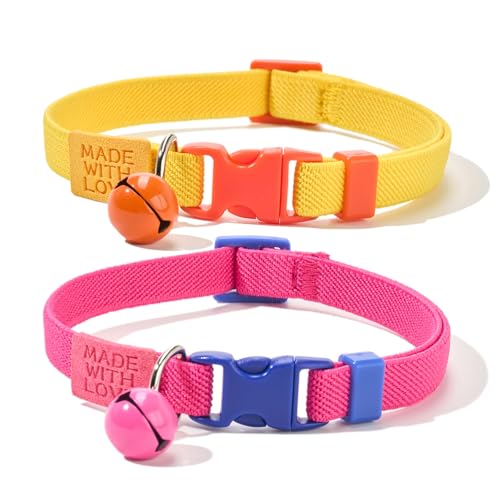 Petiry Elastisches Katzenhalsband mit Glöckchen, Sicherheitsschnellverschluss, 2er-Pack (Gelb + Hot Pink) von Petiry