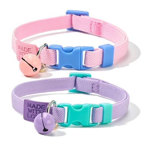 Petiry Elastisches Katzenhalsband mit Glöckchen, Sicherheitsschnellverschluss, 2er-Pack (Hellrosa + Hellviolett) von Petiry