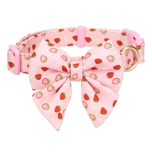 Petiry Hundehalsband mit abnehmbarer Fliege, Schnellverschluss-Schnalle, verstellbare Passform, leicht und bequem, Erdbeermuster, Größe L, Rosa von Petiry