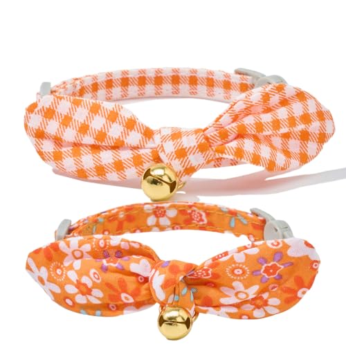Petiry Katzenhalsband aus Baumwolle, abnehmbare Fliege, Blumenmuster, Sicherheitsverschluss, verstellbar für Katzen (erwachsene Katze, orangefarbenes Karomuster und Blumen), 2 Stück von Petiry