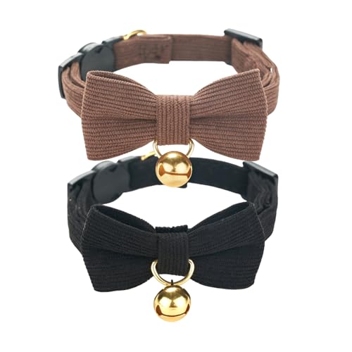 Petiry Katzenhalsband aus weichem Cord, Karomuster, mit Glocke und Fliege, Schnellverschluss, Sicherheitsverschluss, verstellbar für Kätzchen und Katzen (Schwarz + Braun) von Petiry