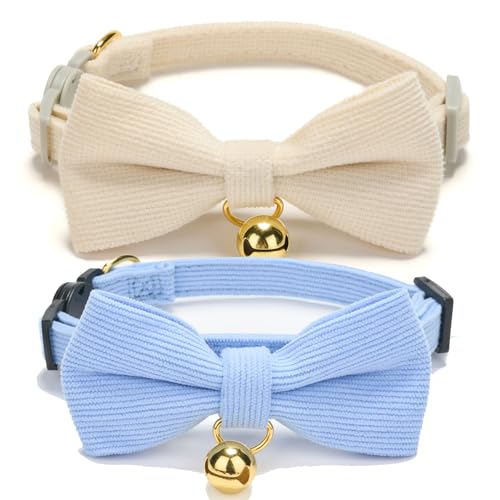 Petiry Katzenhalsband aus weichem Cord, Karomuster, mit Glocke und Fliege, Schnellverschluss, Sicherheitsverschluss, verstellbar für Kätzchen und Katzen (Weiß + Blau) von Petiry