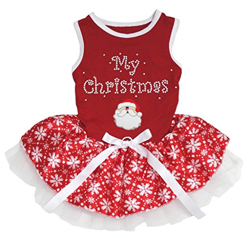 Petitebella Hunde/Welpen Kleidung Kleid My Christmas Santa Claus Xmas Red Baumwolle Schneeflocke Tutu, X-Small, Rot von Petitebella