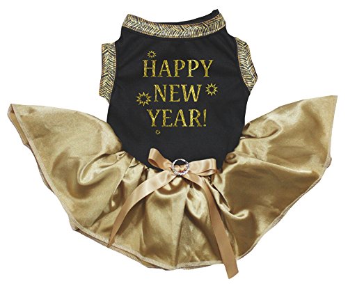 Petitebella Hundekleid Happy New Year, schwarzes Hemd, goldfarbenes Tutu, XXX-Large, schwarz von Petitebella