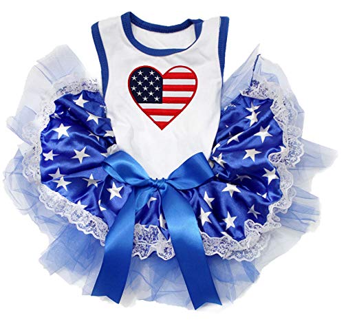 Petitebella Puppy Hund Kleidung USA Herz Weiß Baumwolle Shirt Blau Stars Spitze Kleid, Medium, Weiß von Petitebella