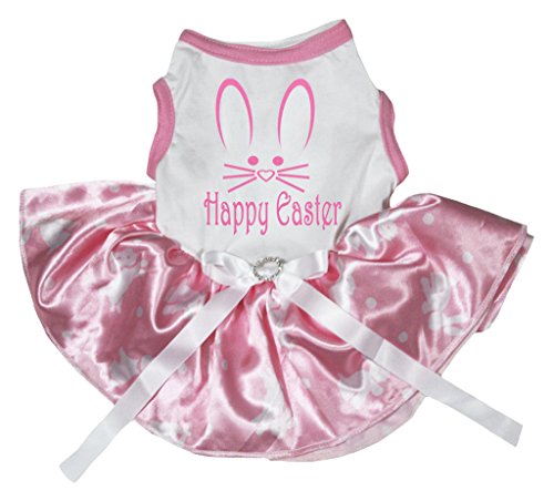 Petitebella Puppy Kleidung Kleid Happy Easter Bunny Top Kaninchen Dots Pink Tutu, Medium, Weiß von Petitebella