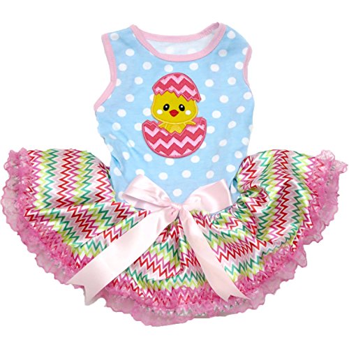 Petitebella Welpenkleidung, Hundekleid, Oster-Kükenei, gepunktet, blaues Oberteil, Chevron-Tutu, Größe S (US) von Petitebella