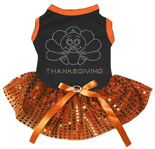 Petitebelle Baby Türkei Welpe Hundekleid mit Strasssteinen, Schwarz/Orange Pailletten, Größe S von Petitebelle