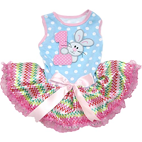 Petitebelle Bunny 1st Puppy Hundekleid (blaue Punkte/Chevron-Spitze, Größe L) von Petitebelle