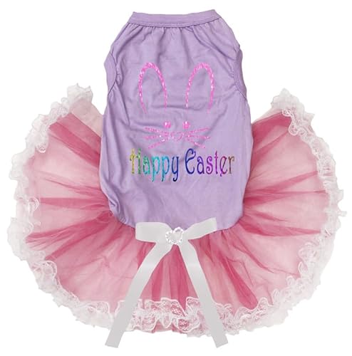 Petitebelle Bunny Face Happy Easter Welpen-Hundekleid (Lavendel/Pinke Spitze, XXXL) von Petitebelle