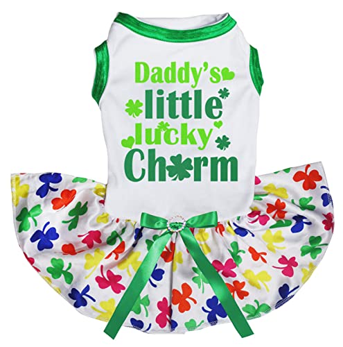 Petitebelle Daddy's Little Lucky Charm Hundekleid für Welpen, Weiß/Regenbogen-Kleeblatt, Größe XXXL von Petitebelle
