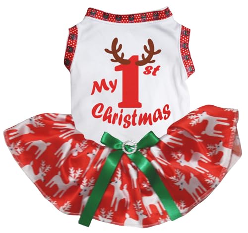 Petitebelle Deer My 1st Christmas Welpen-Hundekleid (weiß/rote Hirsche, Größe XXXL) von Petitebelle