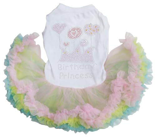 Petitebelle Geburtstagskleid mit Strasskrone, Prinzessin, Welpe, Hundekleid (Weiß/Regenbogen, XXXL) von Petitebelle