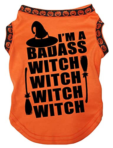 Petitebelle Hunde-Shirt mit Aufschrift "I'm A Badass Witch Puppy (Orange/Kürbisgesäumt, Größe S) von Petitebelle