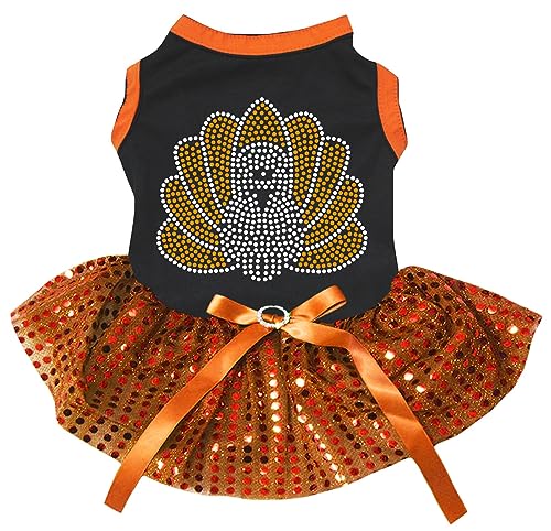 Petitebelle Hundekleid für Welpen, Motiv: Truthahn, Strass, Schwarz/Orange, Pailletten, Größe S von Petitebelle