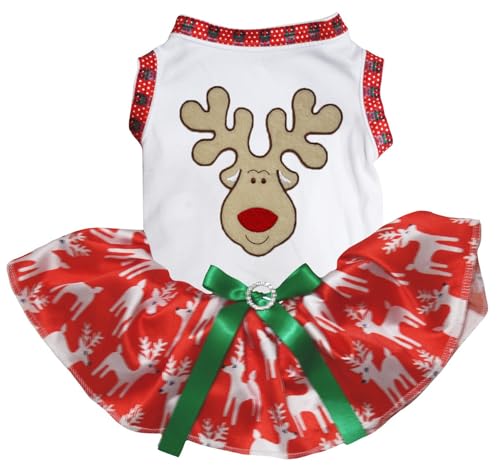 Petitebelle Hundekleid mit Rentiergesicht (weiß/rote Hirsche, Größe 2, XL) von Petitebelle