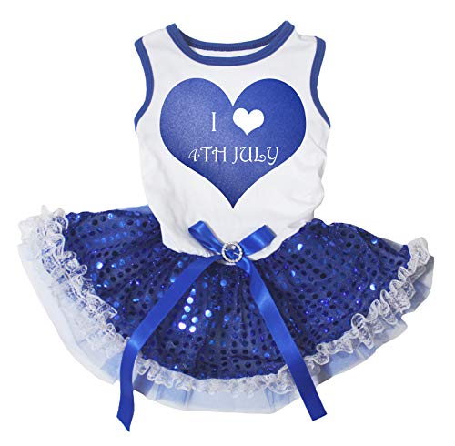 Petitebelle I Love 4th Juli Welpen-Hundekleid (weiß/blaue Paillettenspitze, Größe XL) von Petitebelle