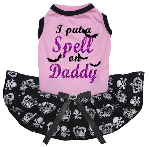 Petitebelle I Put A Spell On Daddy Welpen-Hundekleid (Rosa/Schwarz, Totenkopf, Größe XS) von Petitebelle
