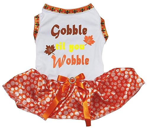 Petitebelle Leaf Gobble Til You Wobble Puppy Dog Dress (Weiß/Orange Dots, Größe XXL) von Petitebelle