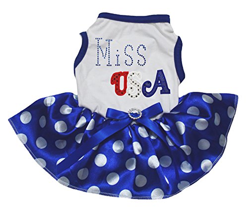 Petitebelle Miss USA Hundekleid für Welpen, Weiß/Blaue Punkte, Größe XL von Petitebelle
