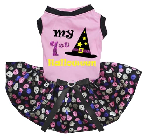 Petitebelle My 1st Witch Halloween-Welpen-Hundekleid (Rosa/Regenbogen-Totenkopf, Größe XXXL) von Petitebelle
