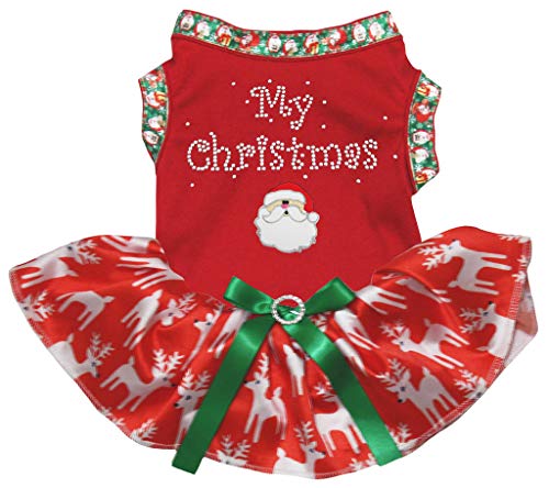 Petitebelle My Christmas Weihnachtsmann-Welpen-Hundekleid (Rot/Rot, Rentiere, klein) von Petitebelle