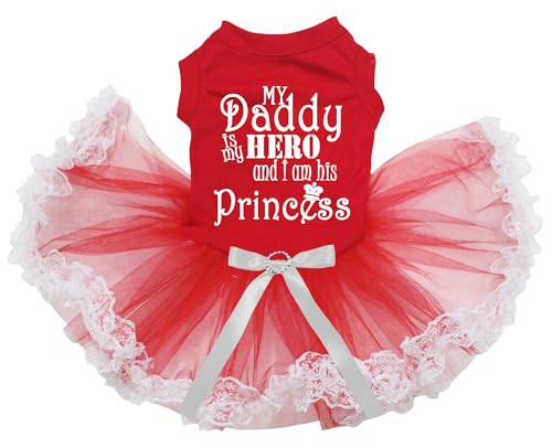 Petitebelle My Daddy Is My Hero And I Am His Princess Welpen-Hundekleid (Rot/Rot/Weiße Spitze, Größe S) von Petitebelle