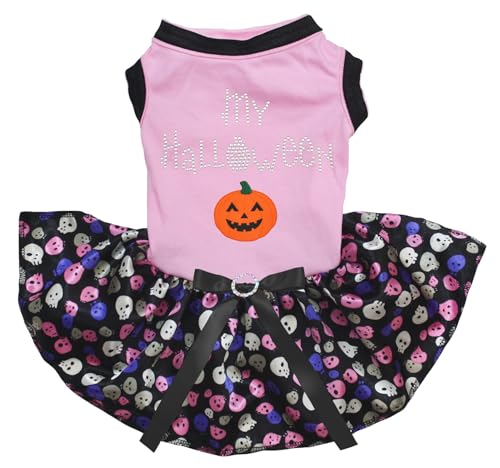 Petitebelle My Halloween Kürbis-Welpen-Hundekleid (Rosa/Regenbogen-Schädel, XXXL) von Petitebelle