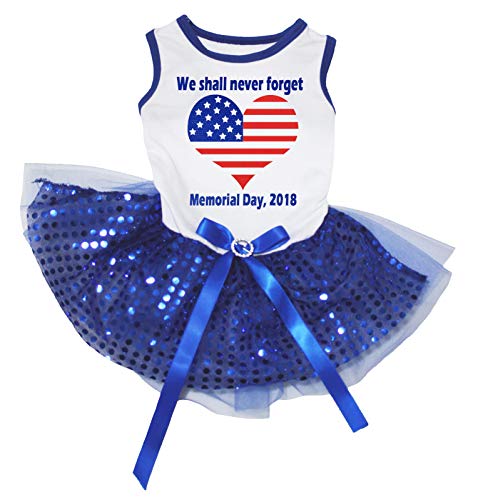Petitebelle Never Forget Memorial Day USA Heart Puppy Dog Dress (Weiß/Blaue Pailletten, XX-Large) von Petitebelle