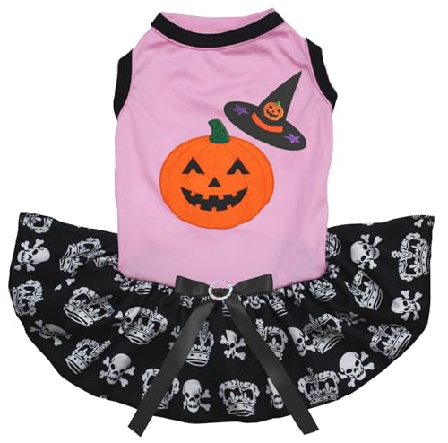 Petitebelle Pumpkin Witch Welpenkleid (Rosa/Schwarz, Totenkopf, Größe M) von Petitebelle