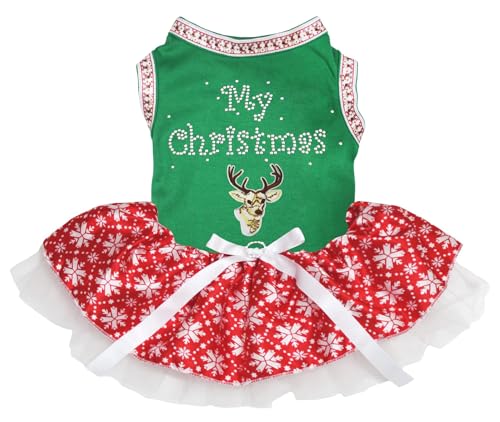 Petitebelle Rhinestones My Christmas Deer Welpenkleid für Welpen, Grün/Schneeflocken, Größe XXL von Petitebelle