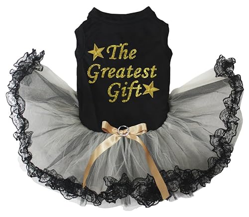 Petitebelle The Greatest Gift Welpenkleid für Hunde, Schwarz / goldfarben / schwarze Spitze, Größe M von Petitebelle