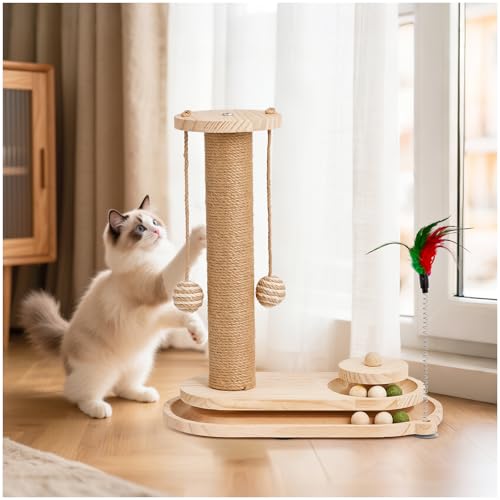 Petjoyi Katzenkratzbaum für Indoor-Kätzchen, Kätzchenspielzeug mit neckendem Katzenstab, 2-stöckiger Holzkugelbahn und Sisal-Kätzchen-Kratzbaum mit Spielzeugbällen von Petjoyi