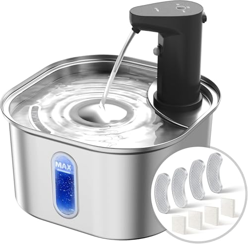 Kabelloser Katzenwasserbrunnen aus Edelstahl + 4 Ersatzfilter, 68oz 2L 5000mah batteriebetriebener Katzenwasserbrunnen kabellos, automatischer Wasserspender mit Bewegungssensor für Katzen Hunde von Petlipo