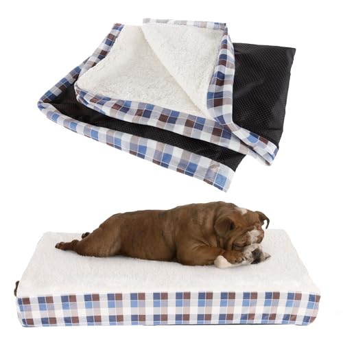 PETMAKER Hundebett Ersatzbezug - Mittelgroße Haustierdecke mit Sherpa-Oberseite, rutschfester Unterseite - Hundebett waschbar, abnehmbarer Bezug (Braun/Blau kariert) von Petmaker