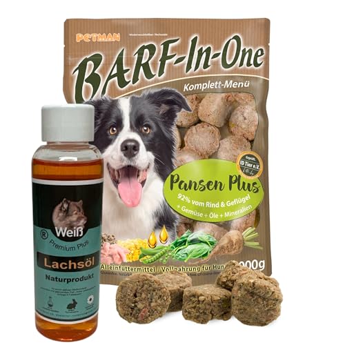 Petman Barf In One Pansen-Plus 3 x1000g VOLLNAHRUNG + Weiß Premium Lachsöl 100ml von Petman