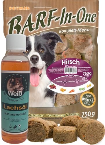 petman Barf-in-One Hirsch, 7 x 750g-Beutel, + Weiß-Premium Lachsöl 100ml Tiefkühlfutter, gesunde, natürliche Ernährung für Hunde, Hundefutter, Barf, B.A.R.F. von Petman