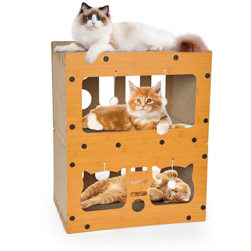 Katzenhaus aus Karton, Doppelschichtiges Katzenkratzhaus für Indoor-Katzen, Scratch & Sleep 2 in 1 Design, langlebig & einfach zu montierendes Kratzbett mit Kratzbrett und hängendem Ballspielzeug von Petmarket