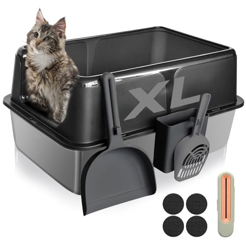 Katzentoilette aus Edelstahl mit Deckel, XL Große, extra große hochseitige Metall-Katzentoilette für große Katzen, Anti-Urinleckage, nimmt nie Gerüche auf, leicht zu reinigen, inklusive Schaufel für von Petmarket