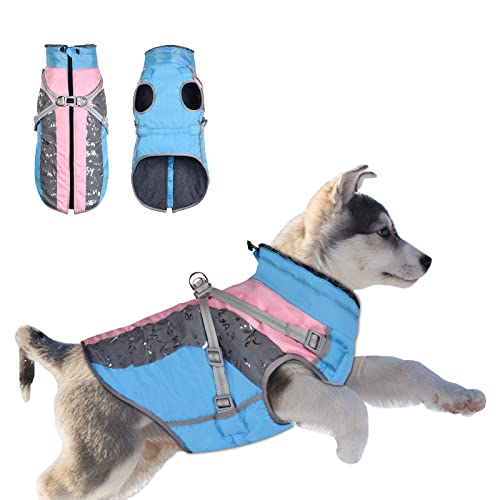 Petmolico Hunde Wintermantel mit Geschirr, Warme Fleece Reflektierende Hundejacke mit D-Ring Clips für große Hunde, Blau Rosa XL von Petmolico