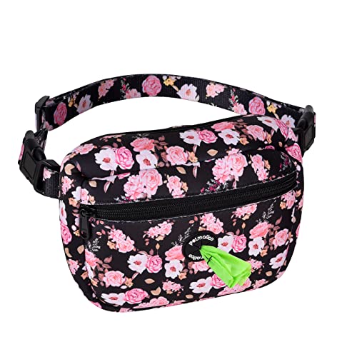 Petmolico Hundeleckerli-Tasche, Neopren, automatisch geschlossene Hundetrainingstasche mit Hundekotbeutelspender für freihändiges Gassigehen, rosa Pfingstrose von Petmolico