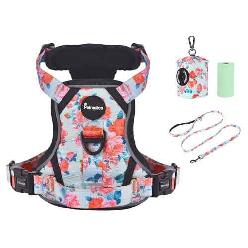 Petmolico No Pull Dog Harness Set, 2 Leash Attachment Easy Control Handle Reflective Vest Dog Harness Small Breed, Small Dogs Harness and Leash Set with Poop Bag Holder, Small Green Flowers von Petmolico