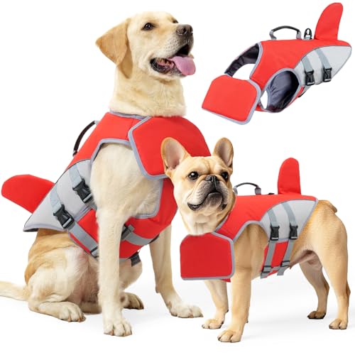 Shark Schwimmweste für Hunde, hohe Flotation, Haustier-Schwimmweste mit Griff, abnehmbarer Frontschwimmer, Sicherheits-Lebensretter, Rot, Größe M von PetnTeam