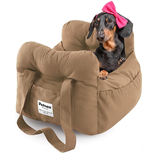 PETNEX Hundeautositz für kleine Hunde, tragbarer Welpen-Autositz der einfachen Installation, modische Haustier-Tragetasche mit großen Taschen, maschinenwaschbarer Hunde-Boostersitz (Khaki) von Petnex