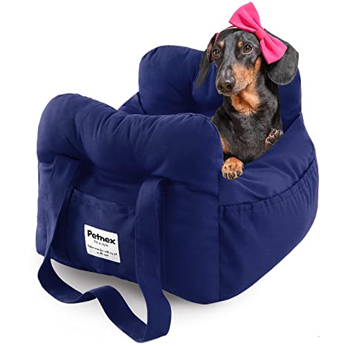 PETNEX Hundeautositz für kleine Hunde, tragbarer Welpenautositz von einfacher Installation, modische Haustiertragetasche mit großen Taschen, maschinenwaschbarer Hunde-Sitzerhöhung (Navy) von Petnex