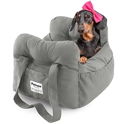 Petnex Hundeautositz für kleine Hunde, tragbarer Welpenautositz von einfacher Installation, modische Haustiertragetasche mit großen Taschen, maschinenwaschbarer Hunde-Sitzerhöhung (grau) von Petnex