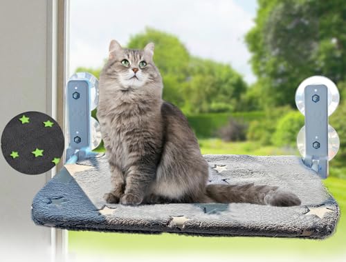 Faltbare Katzenhängematte für Fenster, schnurlose Katzenfensterstange für große Katzen und Kätzchen, stabil, nie fallen (graue Sterne, mittel) von Petotw