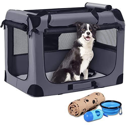 Petprsco Tragbare Hundebox, zusammenklappbare Hunde-Reisebox, 32 x 23 x 23 cm, mit weicher Decke, faltbarer Schüssel und einem Kotbeutel mit Spender für mittelgroße und große Hunde von Petprsco